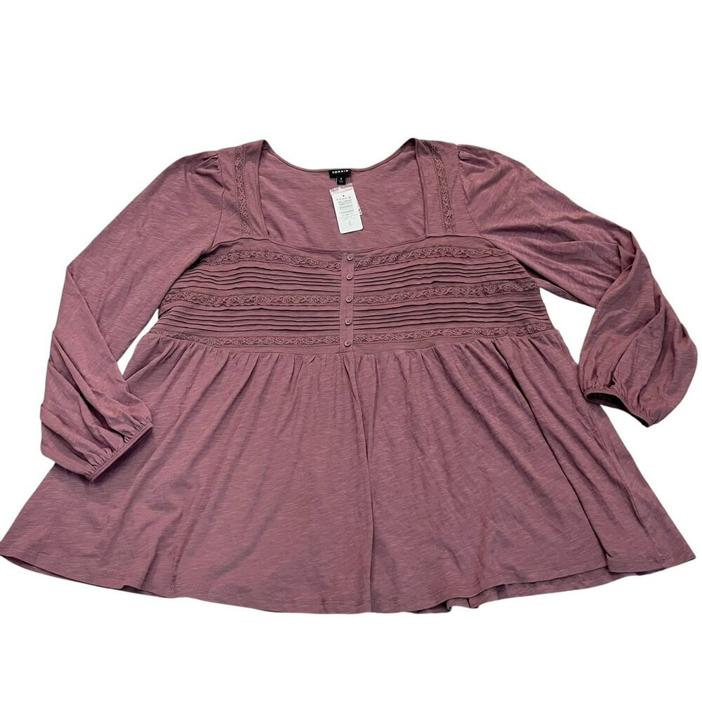 Torrid Square Neck Babydoll Top 4X Lace Trim Long Sleeve Pintuck Pleated Boho